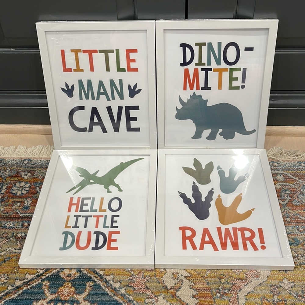 NWOT Boys 4 piece Dinosaur themed framed nursery art